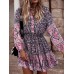 Women Puff Sleeve Floral Printed Lace  Up Button Casual Midi Dresses