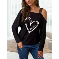 Graphic Print One Shoulder Long Sleeves T  shirts For Women