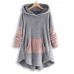 Women Contrast Color Splice Irregular Hem Hooded Fleece Sweatshirt Coats