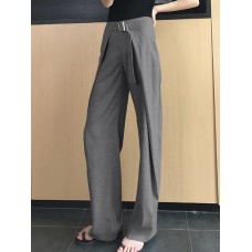 Women Solid Business Zipper Fly High Waist Wide Leg Pants With Buckle