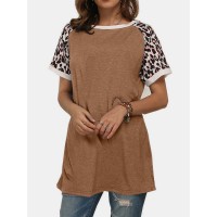 Leopard Patchwork O  neck Short Sleeves Casual T  shirts